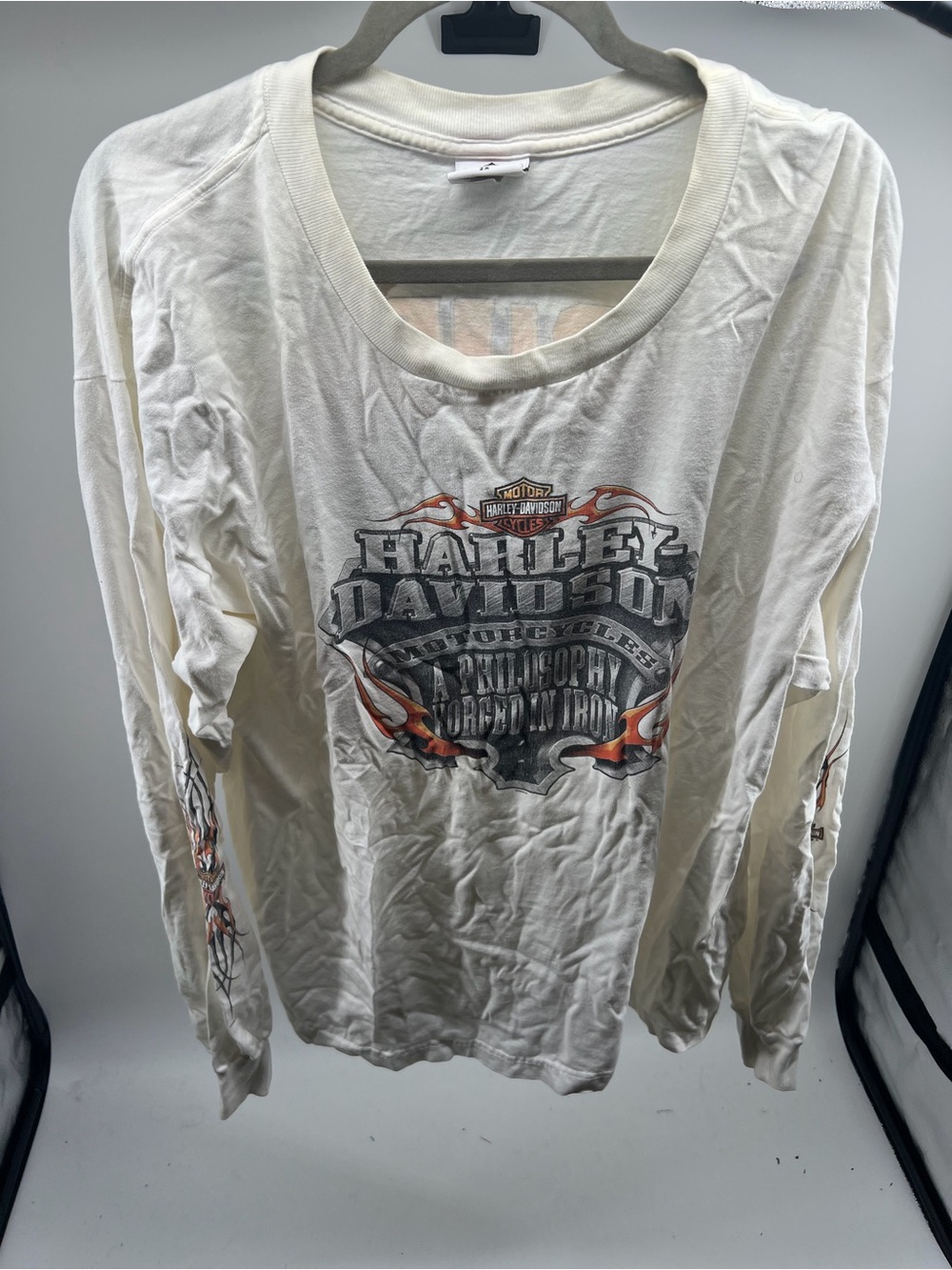 Harley-Davidson Cream Long-Sleeve Graphic Tee with Orange & Black Accents